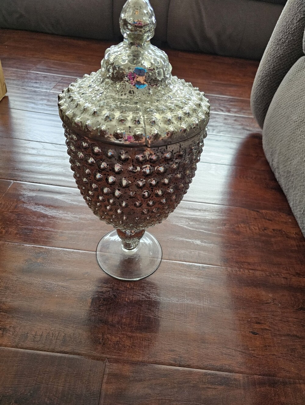 Mercury Glass Hobnail Covered Pedestal Jar - Silver